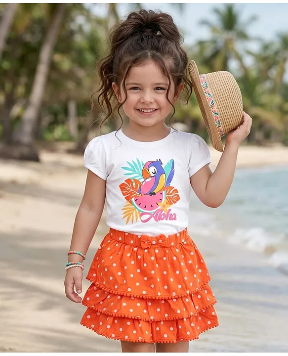 Single Jersey Knit Half Sleeves Top & Skirt Set with Bird & Polka Dots Print Bow Applique - Orange & White